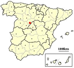 A map of Spain featuring Segovia, northwest of Madrid.